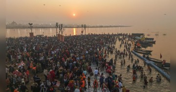 One million devotees perform auspicious dip at Prayagraj Sangam during Mahashivaratri celebration.