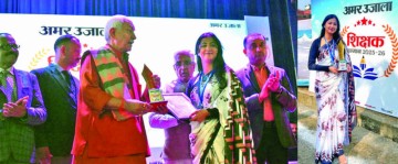 Mehak Mengi recognized as Best Teacher at the prestigious Amar Ujala Shikshak Samaroh event.