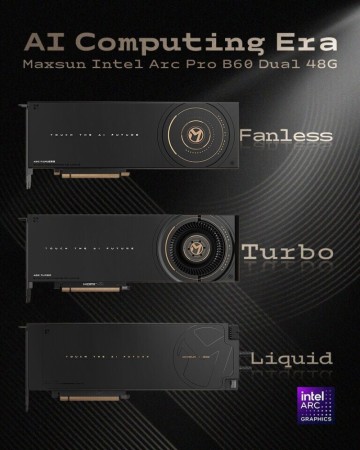 MaxSun showcases innovative single-slot liquid-cooled Arc Pro B60 dual GPU and fanless model.