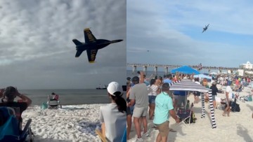 Low-flying fighter jet sends beach tents and umbrellas flying in Florida : viral video