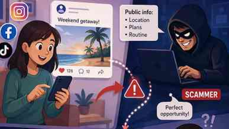 Your Social Media Posts Are Doing Scammers’ Homework for Free! 👀 Those Casual Photos, Check-Ins and Personal Details Could Give Them Clues to Target You.
